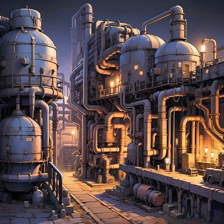 00258-4095818958-_lora_工业蒸汽_0.8_,8k,best quality,masterpiece,industrial pipe,no humans,scenery,night,steampunk city scene,2d game scene,.png